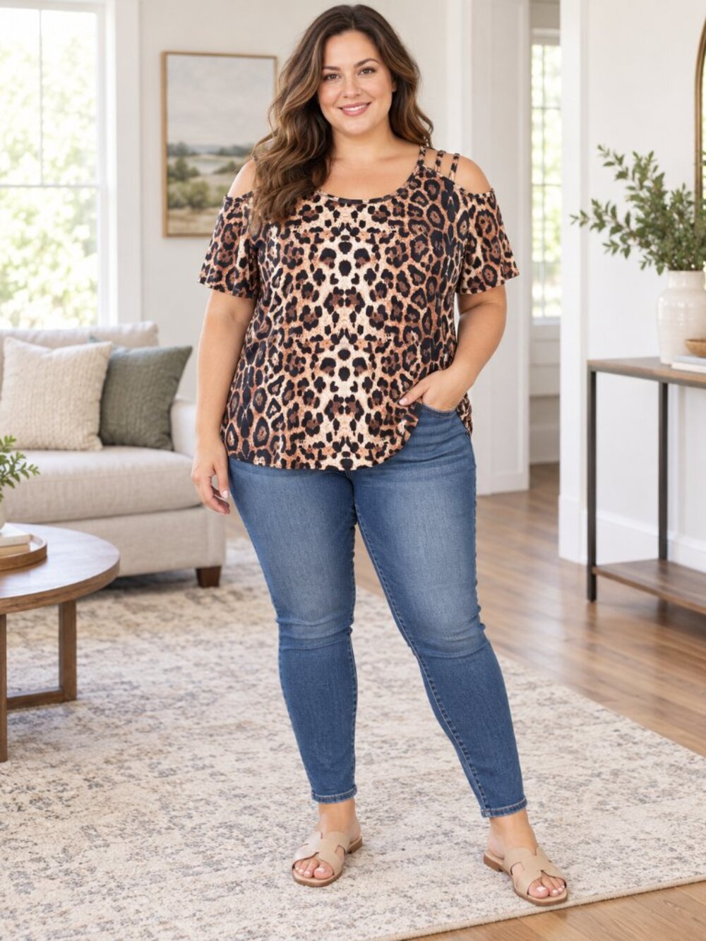 SHEIN Curve Leopard Cold Shoulder + Ladder Sleeve Blouse (2X )